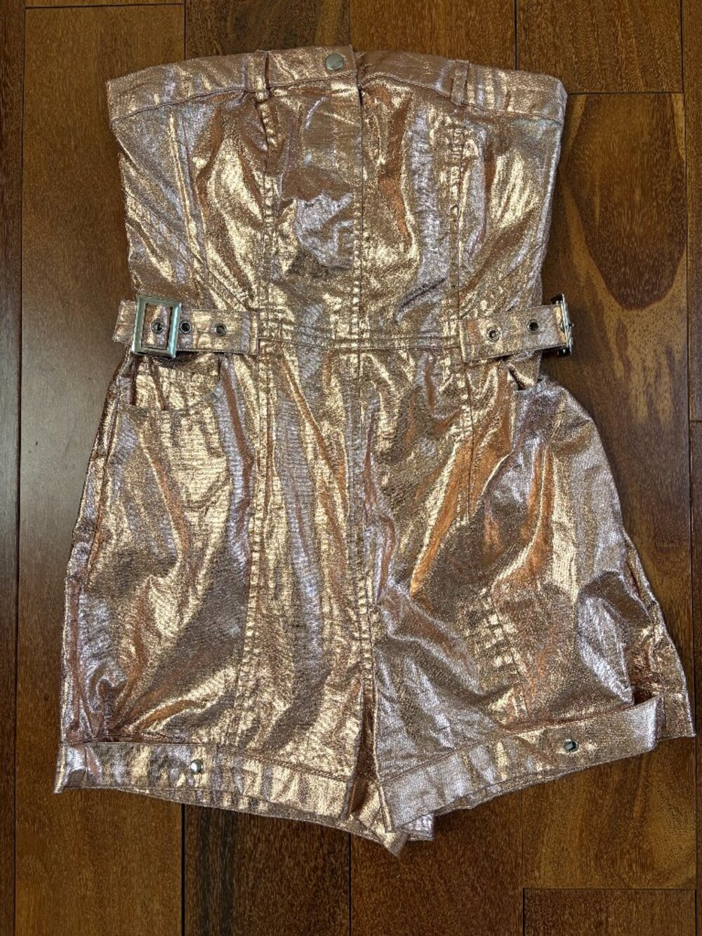 Urban Outfitters rose gold Yara metallic strapless short romper
